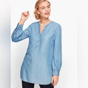 Talbots Banded Collar Popover Blouse Chambray Denim Size Small Petite